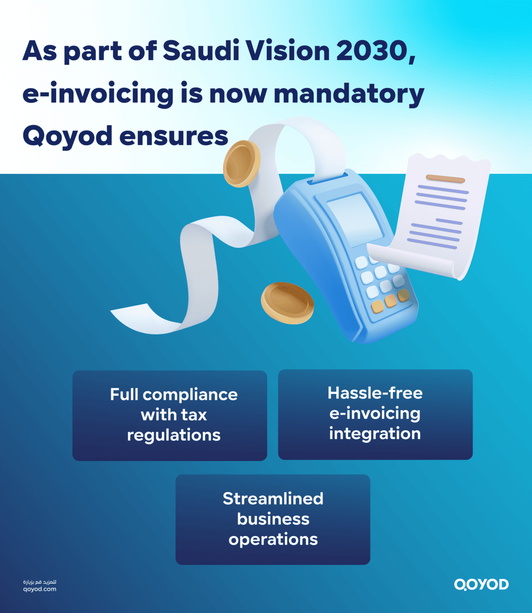 As part of Saudi Vision 2030 e invoicing is now mandatory Qoyod ensures Qoyod, the Electronic Invoices Provider, Approved by the Zakat, Tax and Customs Authority | Qoyod As part of Saudi Vision 2030, e-invoicing is now mandatory Qoyod ensures